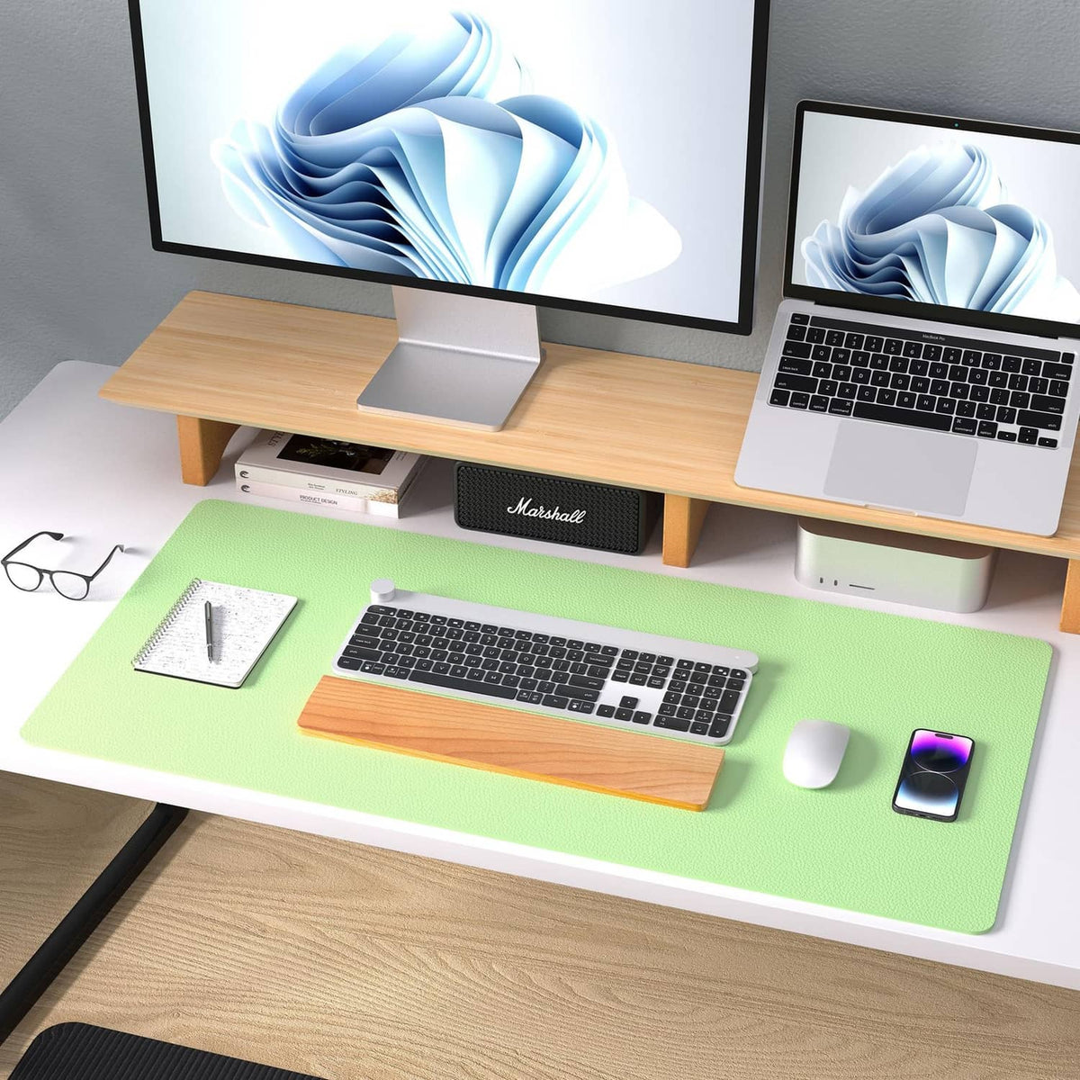 Foam green PU leather desk pad with laptop keyboard and mouse on desk