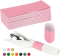 Pink paper napkin bands set with stack of pink napkins and wrapped cutlery sleeves