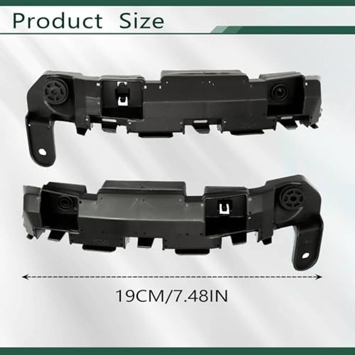 Black bumper retainer bracket support holders, front view with side mounting tabs