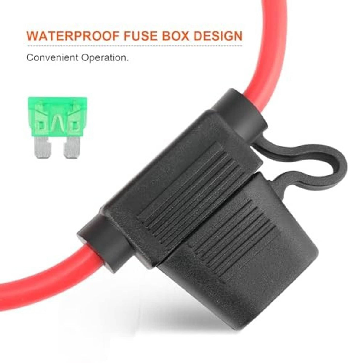 Waterproof fuse box with red power cable, black housing, and green connector plug