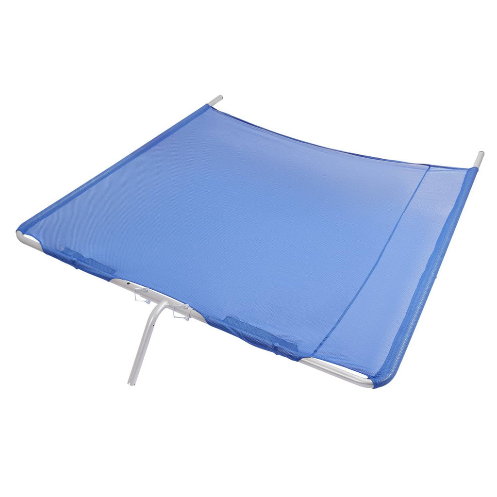 Boat sun shade accessory set with white frame tubes, blue cover, and hardware