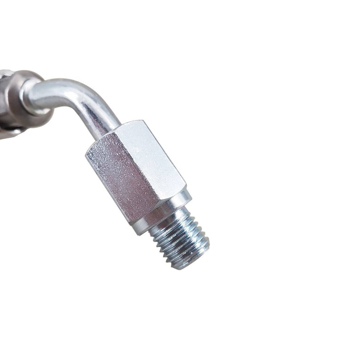 Close-up of threaded coolant hose fitting with hex nut and sealing surface