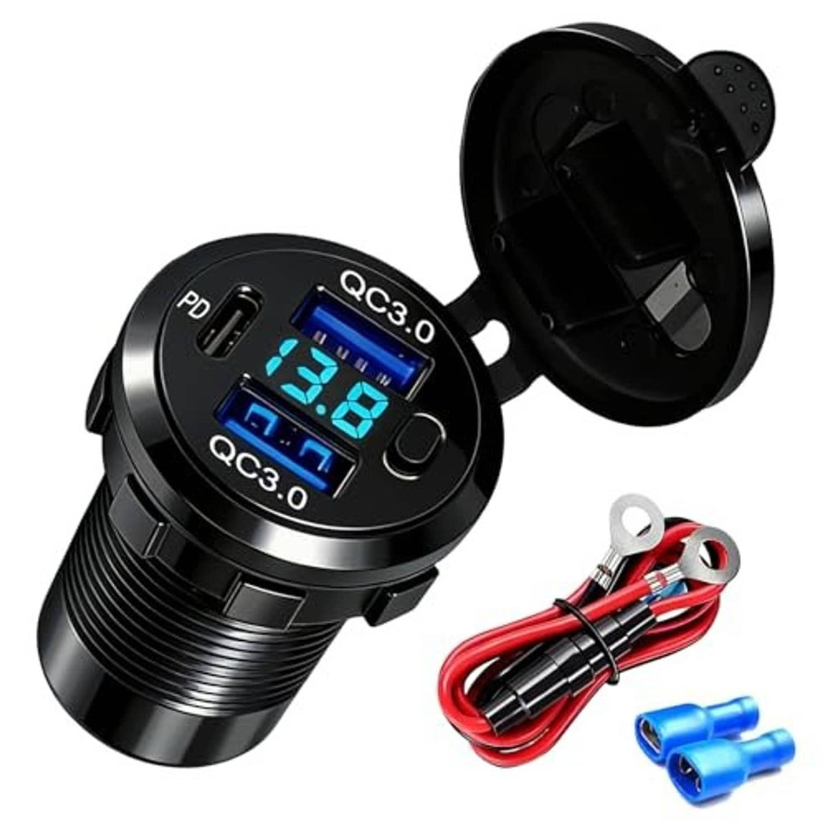Black 12V car USB dual-port charger with QC 3.0 and PD3.0, dust cover open, wiring included