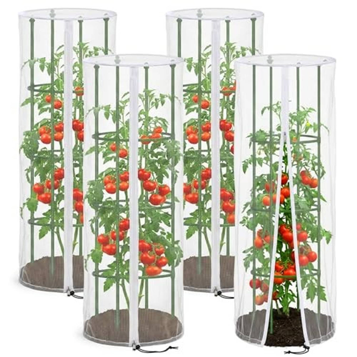Four white mesh bird netting covers with green poles and open-top plant access