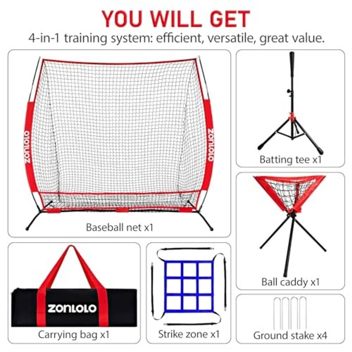 Baseball training net kit with red net, batting tee, ball caddy, carrying bag, ground stakes