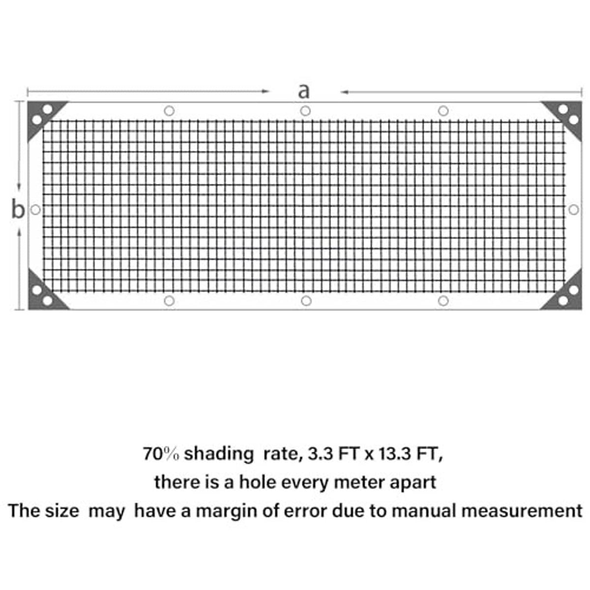 Black mesh tarp size diagram showing grid mesh and corner grommet placement.