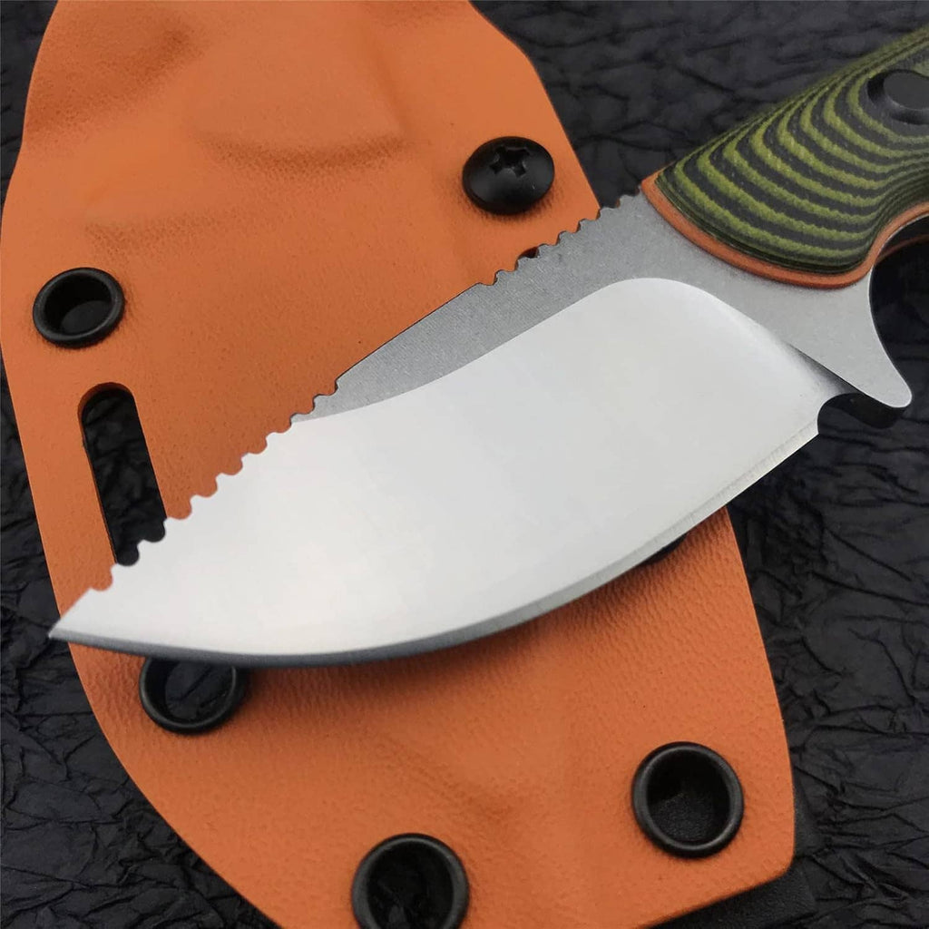 Fixed blade knife with orange Kydex sheath, green handle, close-up of black screw heads