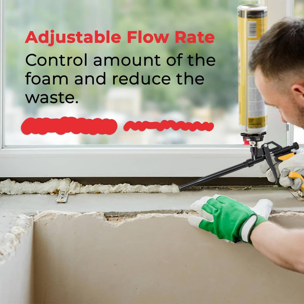 Spray foam insulation gun dispensing foam on a window frame to seal gaps