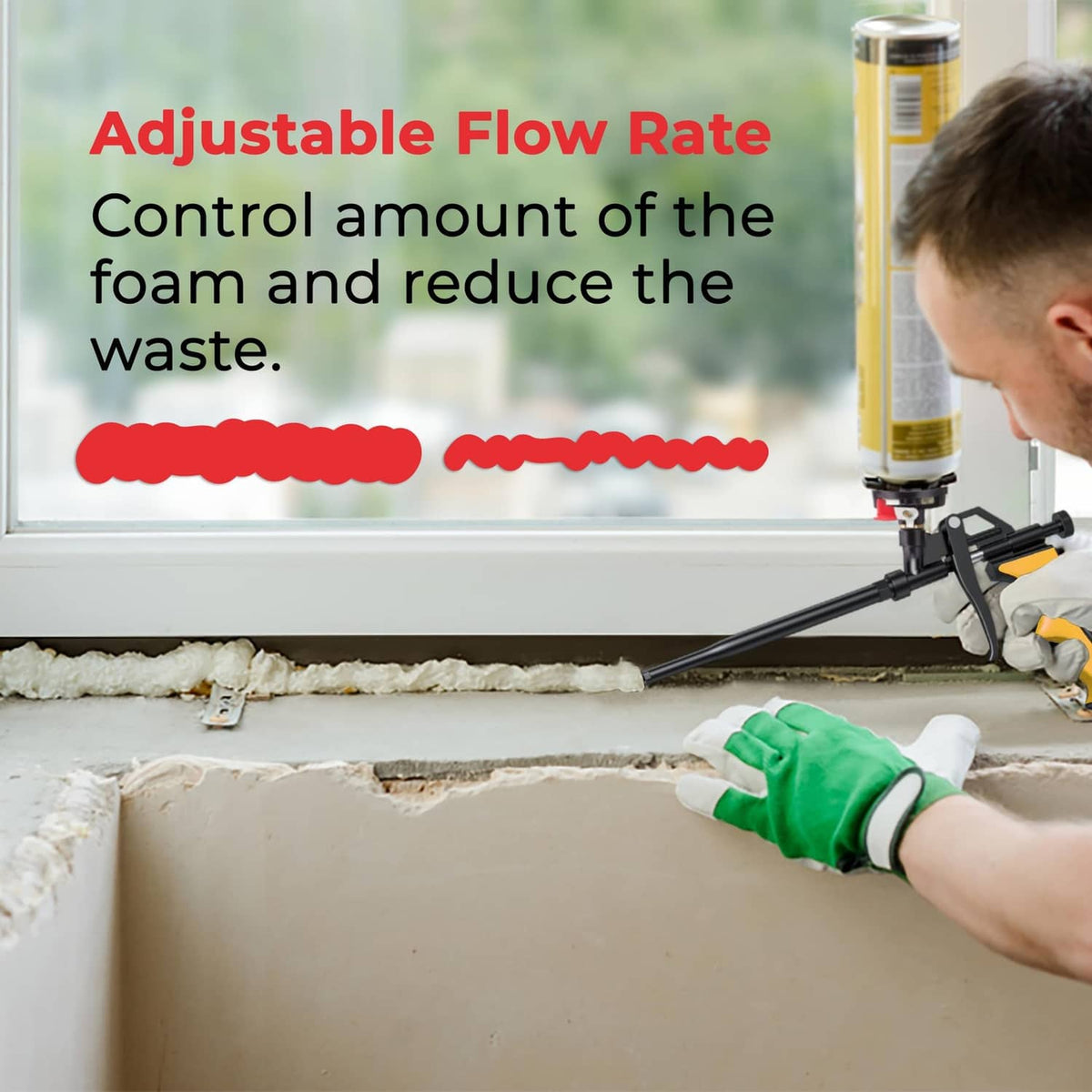 Spray foam insulation gun dispensing foam on a window frame to seal gaps