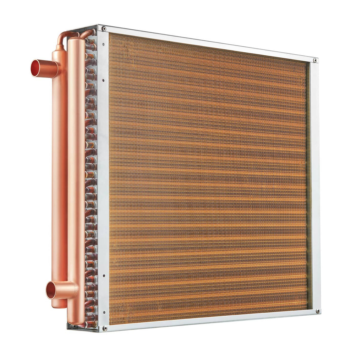 Water-to-air heat exchanger with copper inlet and outlet tubes, rectangular fin core
