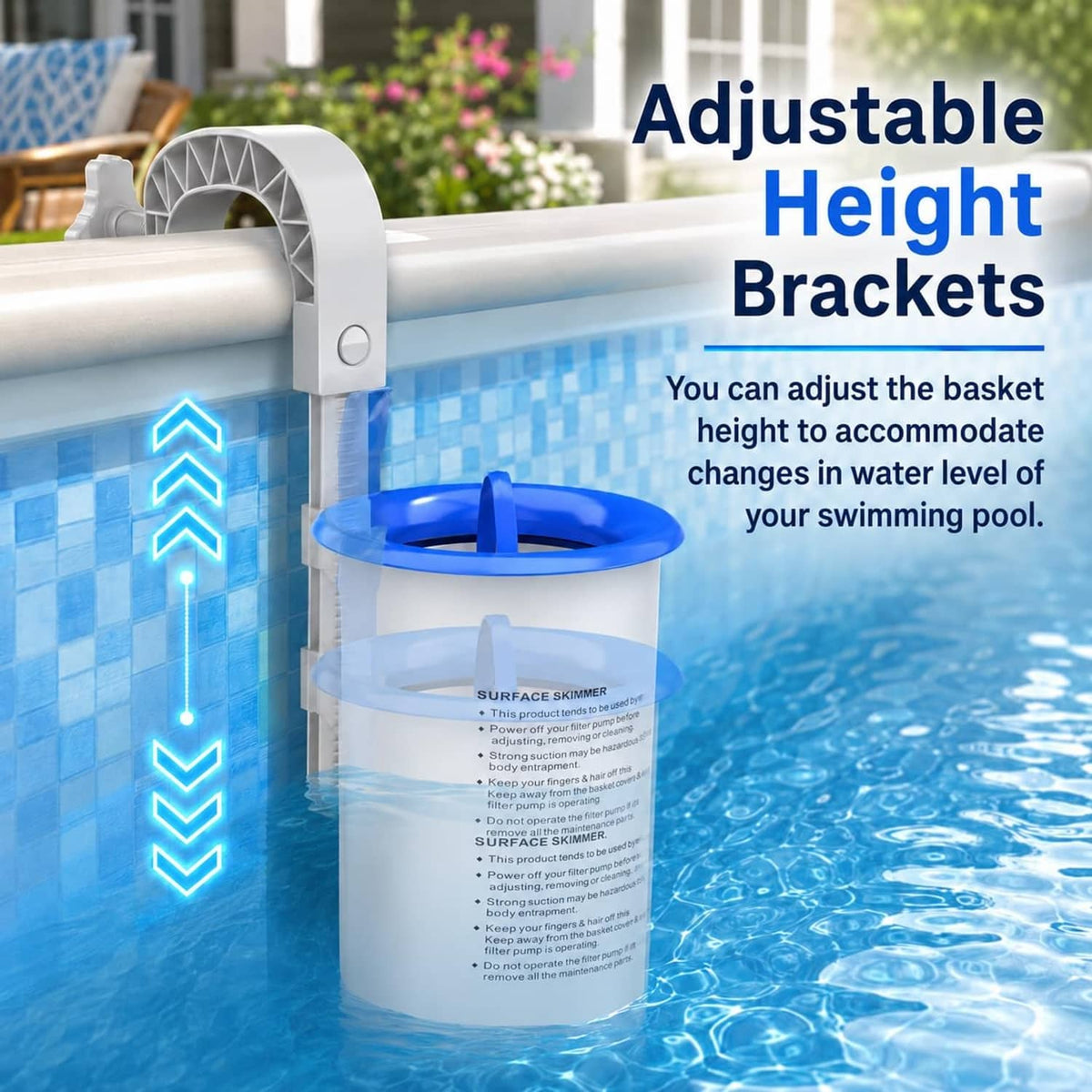 Above-ground pool skimmer with adjustable height brackets and blue floating basket