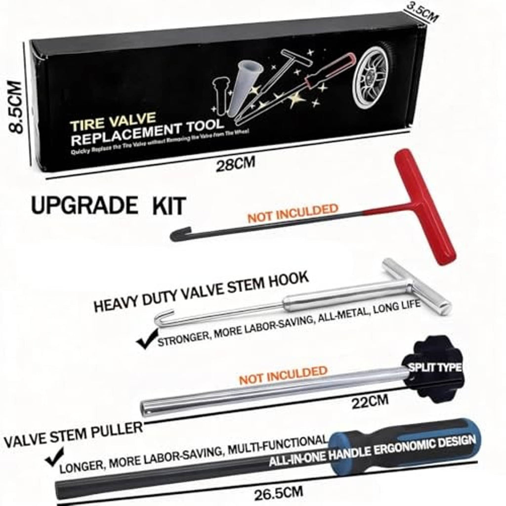Tire valve replacement tool upgrade kit box with red handle and silver hook