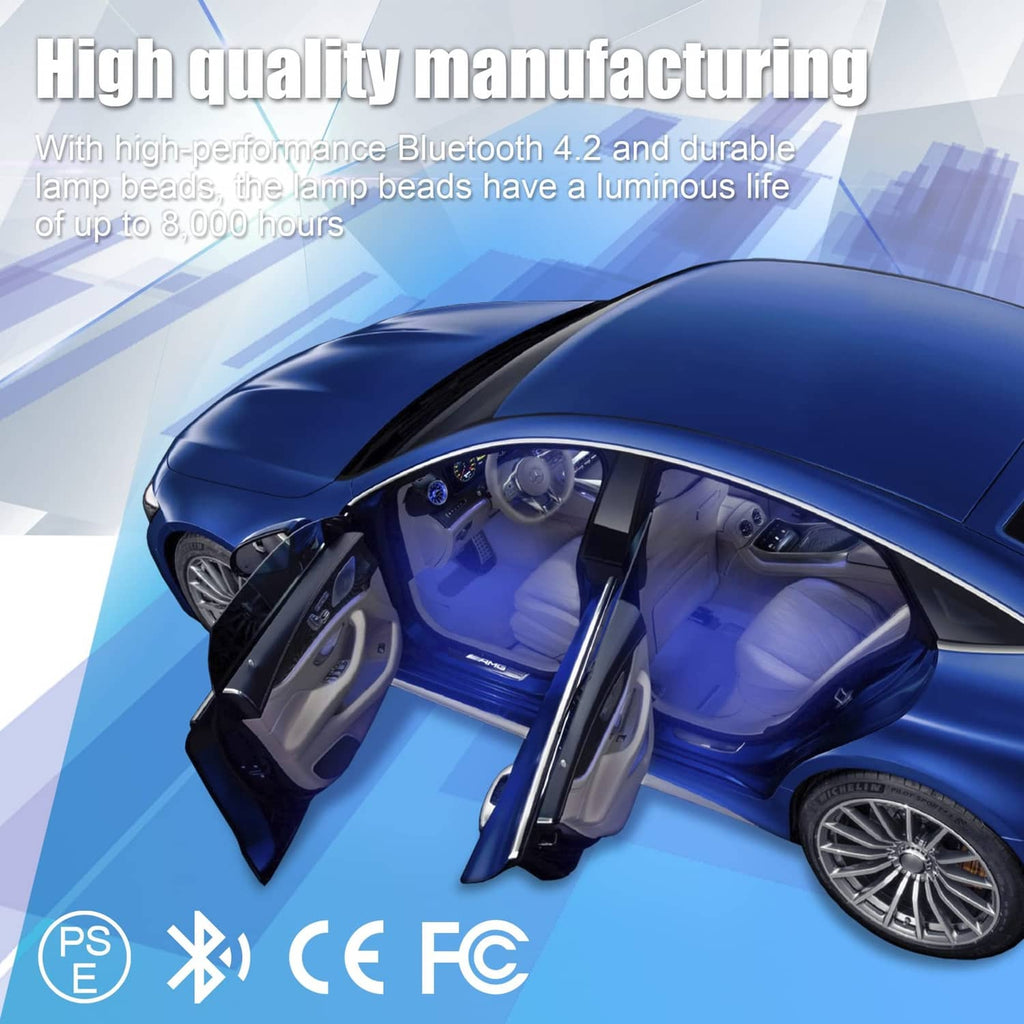 RGB LED interior light kit shown with car graphic and connectivity icons