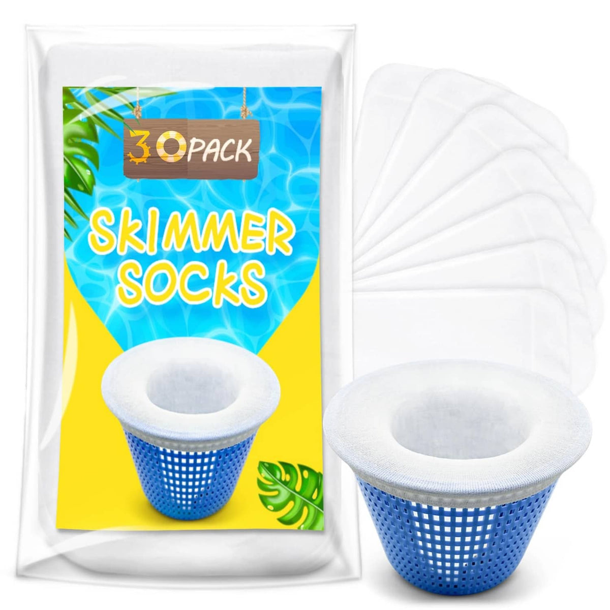 Pool skimmer filter sock pack: white rim, blue mesh basket sock