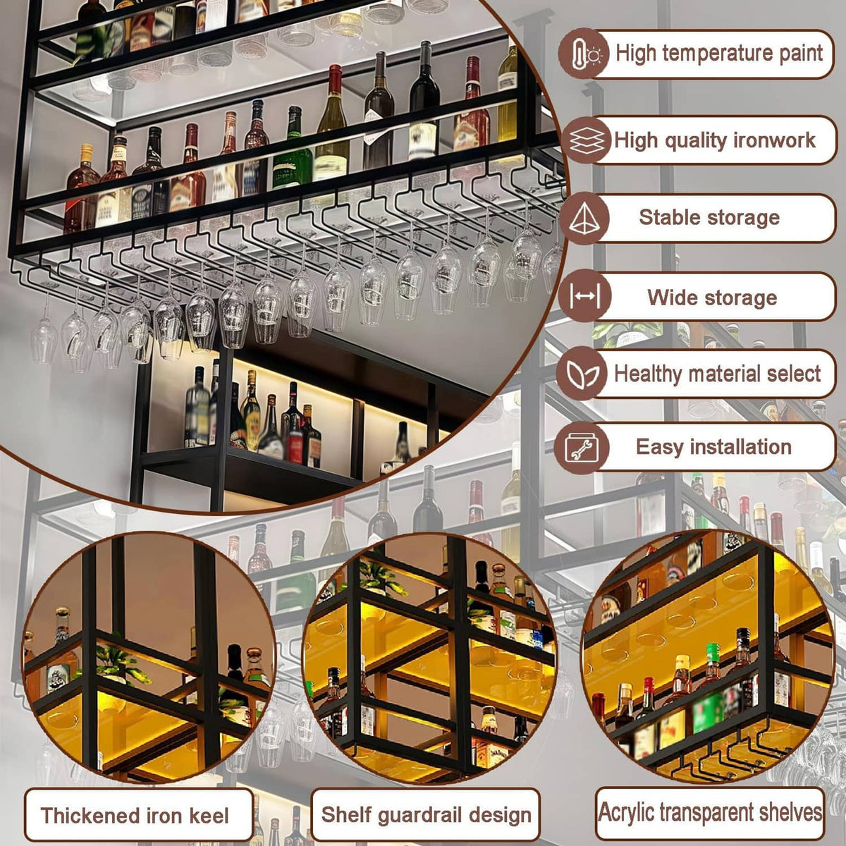 Ceiling wine glass rack with transparent acrylic shelves, rows of glass holders, and bottles
