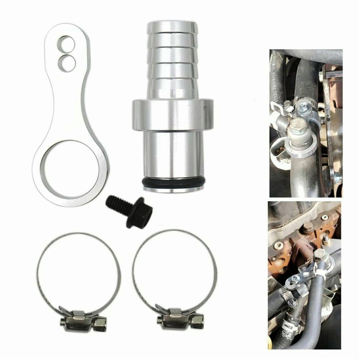 Coolant bypass hose barb adapter kit with metal adapter, gasket, clamps, and seal rings