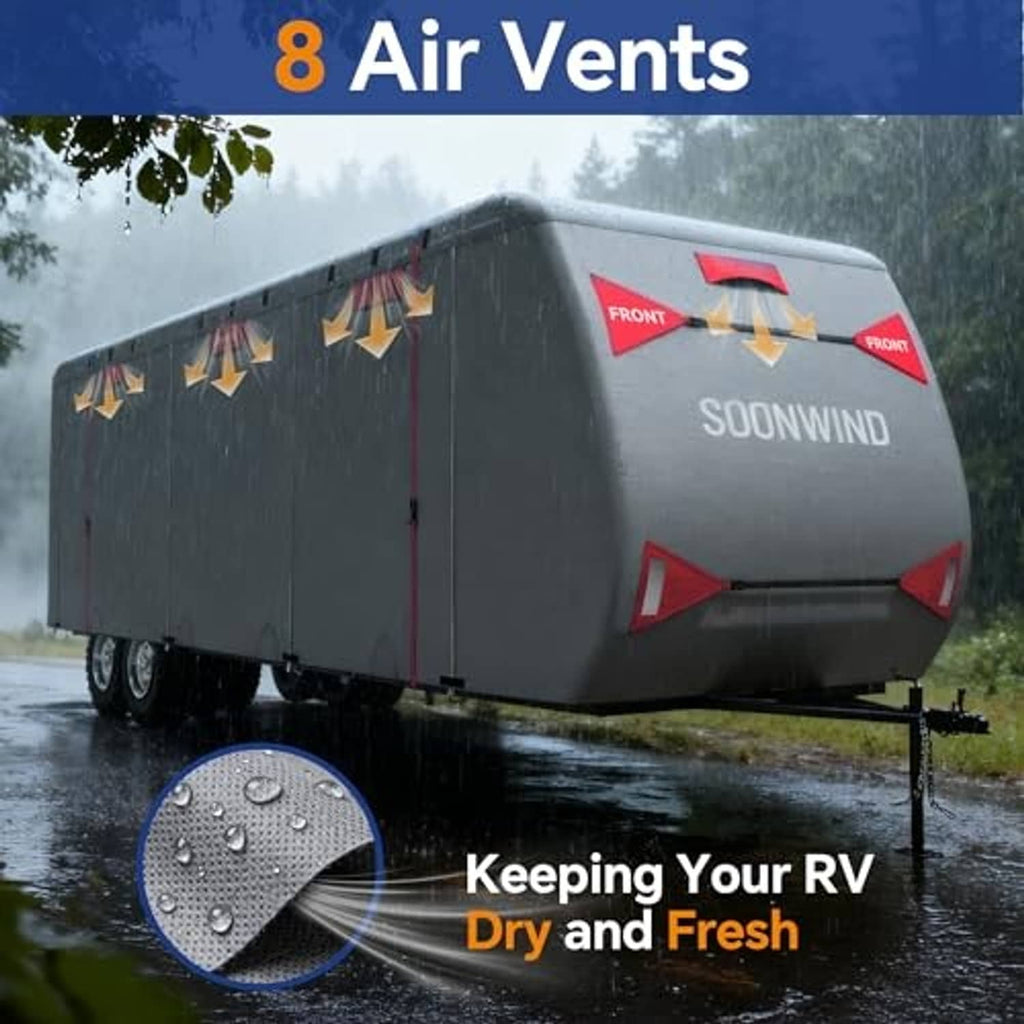 Heavy duty 7-layer RV cover in gray with red accents, front panel and SOONWIND logo.