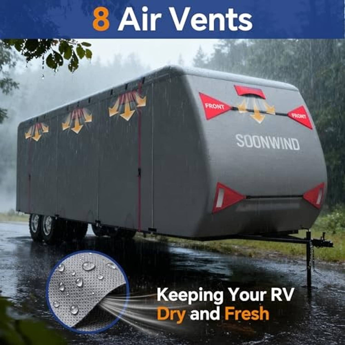 Heavy duty 7-layer RV cover in gray with red accents, front panel and SOONWIND logo.