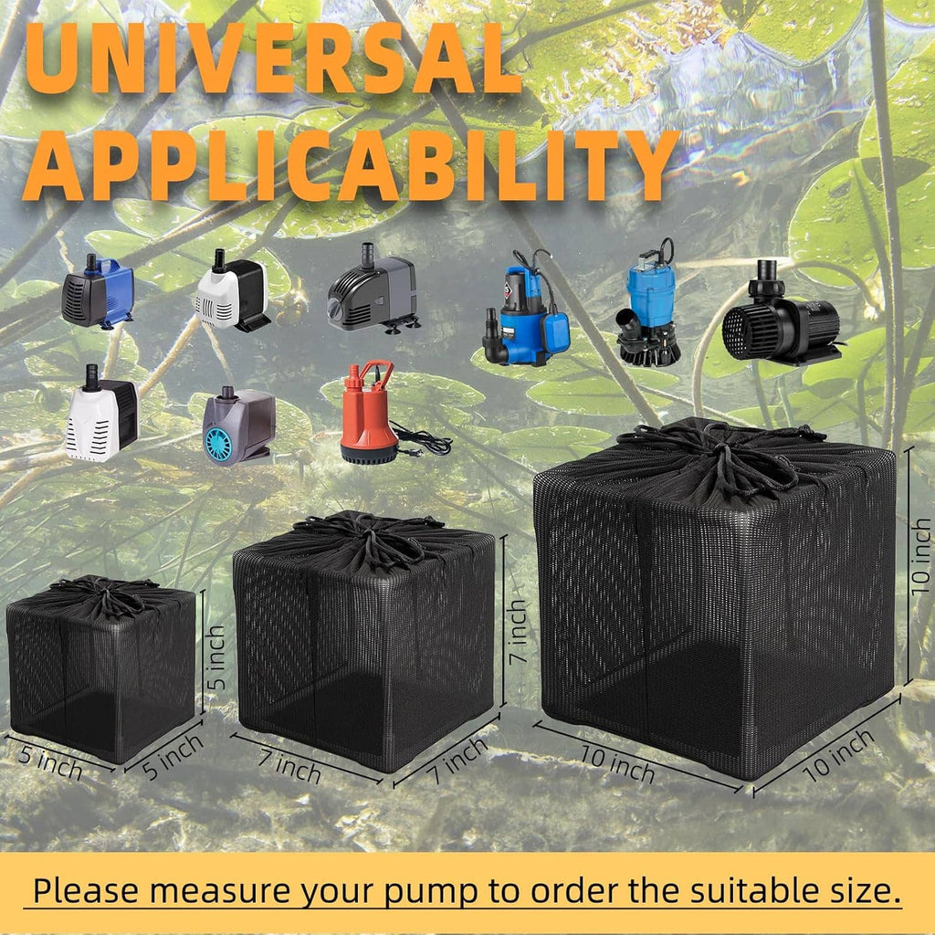 Black pond filter barrier bag basket shown on multiple sizes with drawstring tops