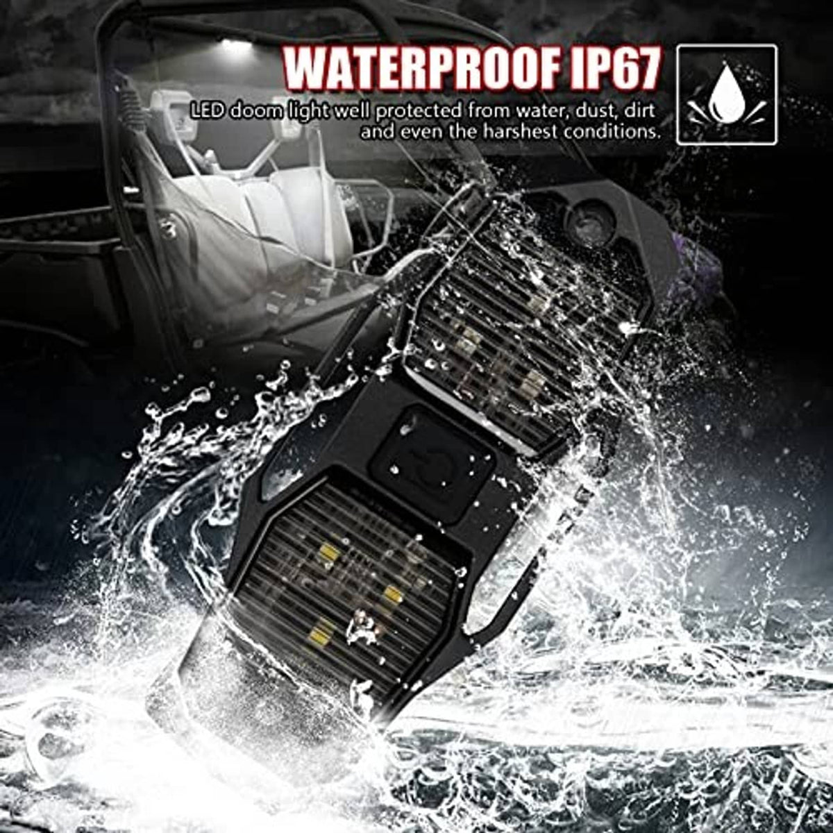 Water-splash protected LED UTV doom light with black dual-lens housing