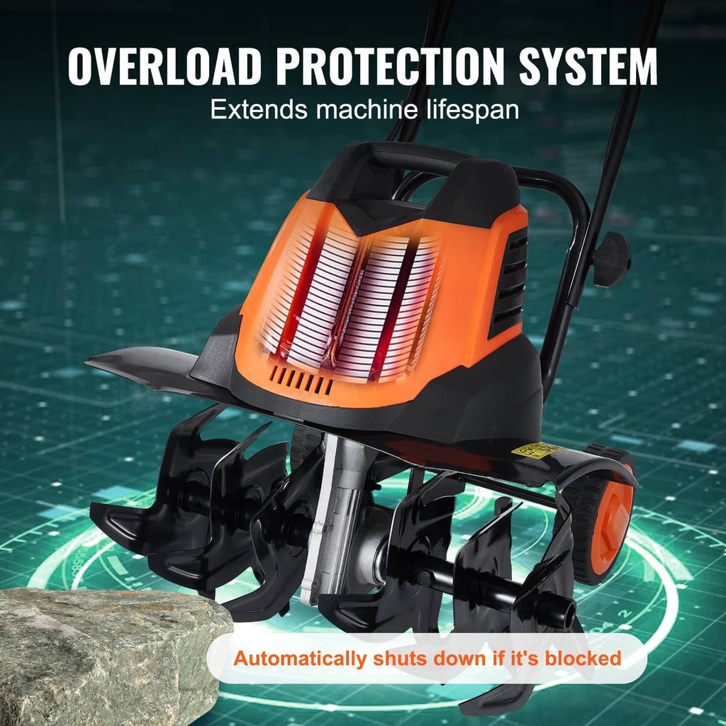 Orange and black electric tiller cultivator with front tines and protective blade guard