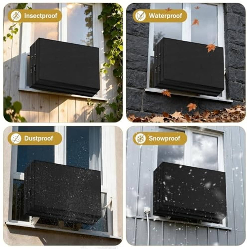 Black outdoor AC unit cover, rectangular with reinforced straps, shown in protection collage.