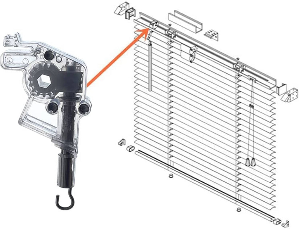 Low-profile blind wand tilter set shown with assembly parts for horizontal blinds