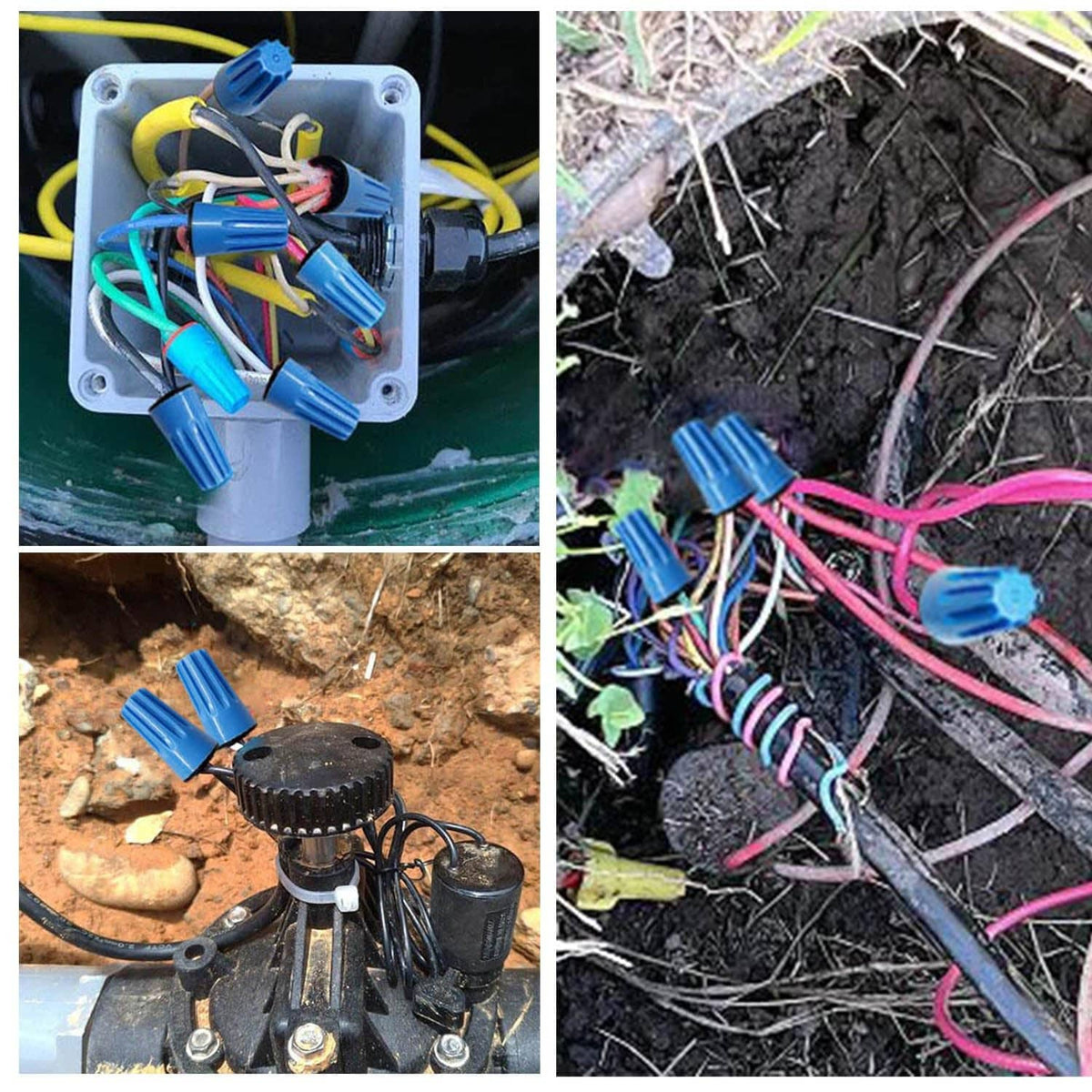 Blue waterproof wire connectors installed in outdoor electrical wiring