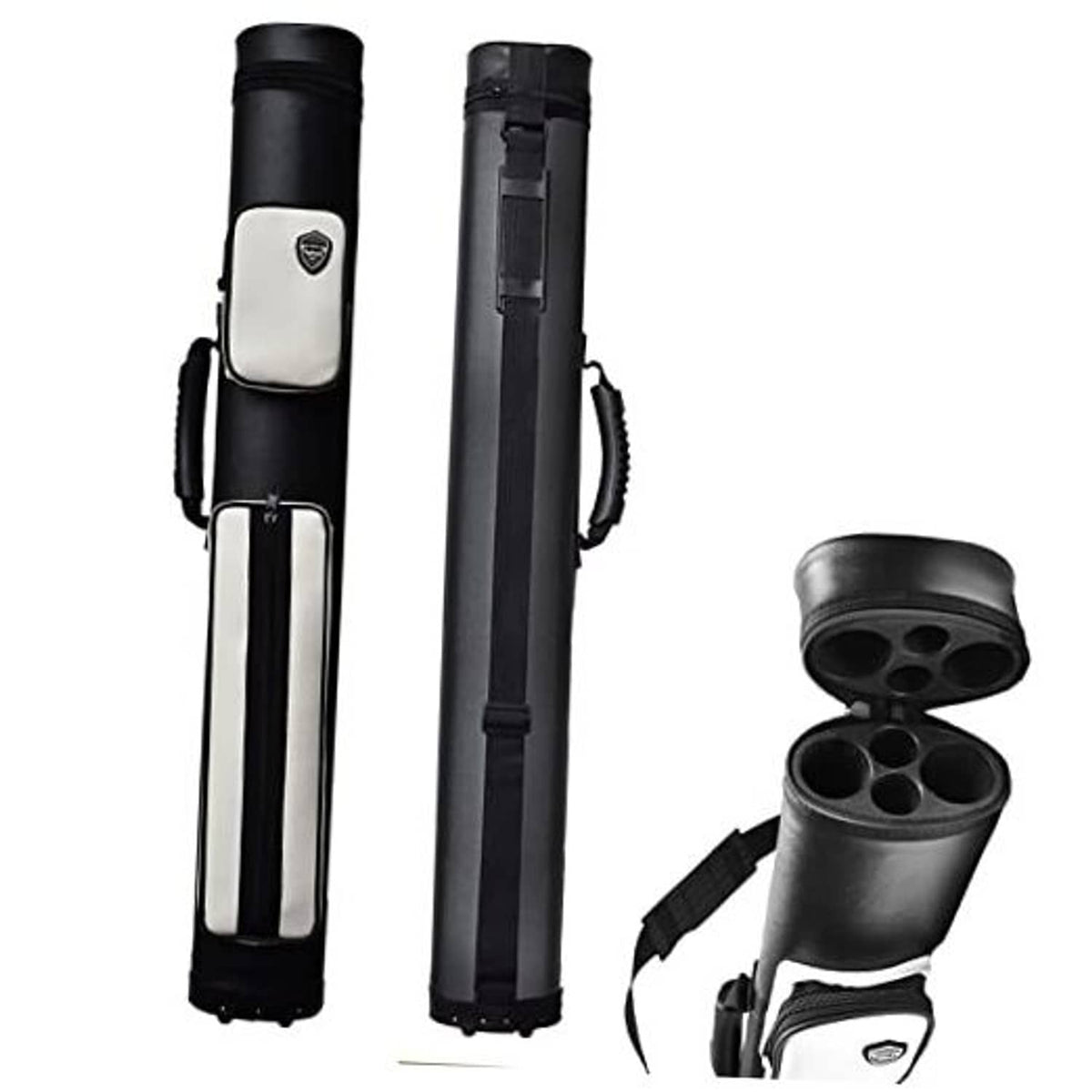 Hard pool cue case, black with white accents, two cue slots and side handle