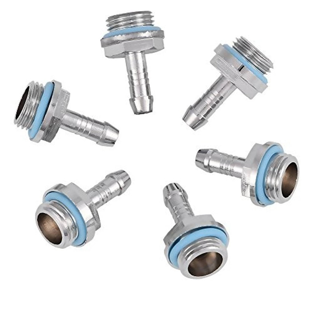 Set of silver barb fitting adapters with blue O-rings and barbed hose ends