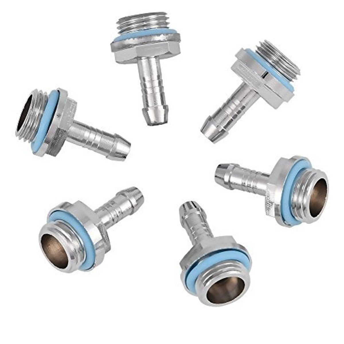 Set of silver barb fitting adapters with blue O-rings and barbed hose ends