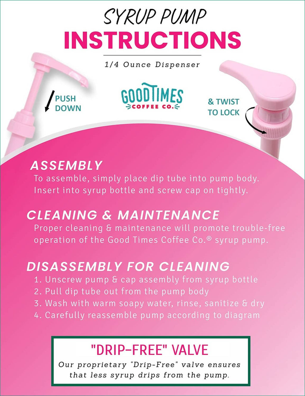 Pink syrup pump with push-down, twist-to-lock design and cleaning instructions