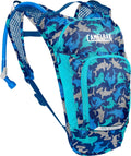 Kids hydration backpack by Camelbak, blue shark print, front zip pocket and logo