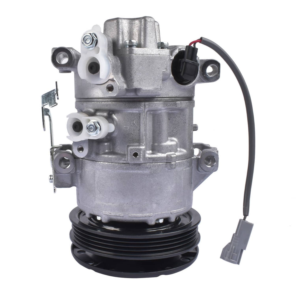 A/C compressor with silver housing, black pulley, and attached wiring harness, rear view