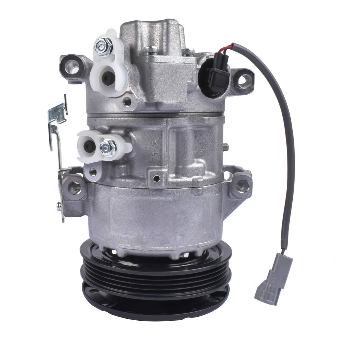 A/C compressor with silver housing, black pulley, and attached wiring harness, rear view