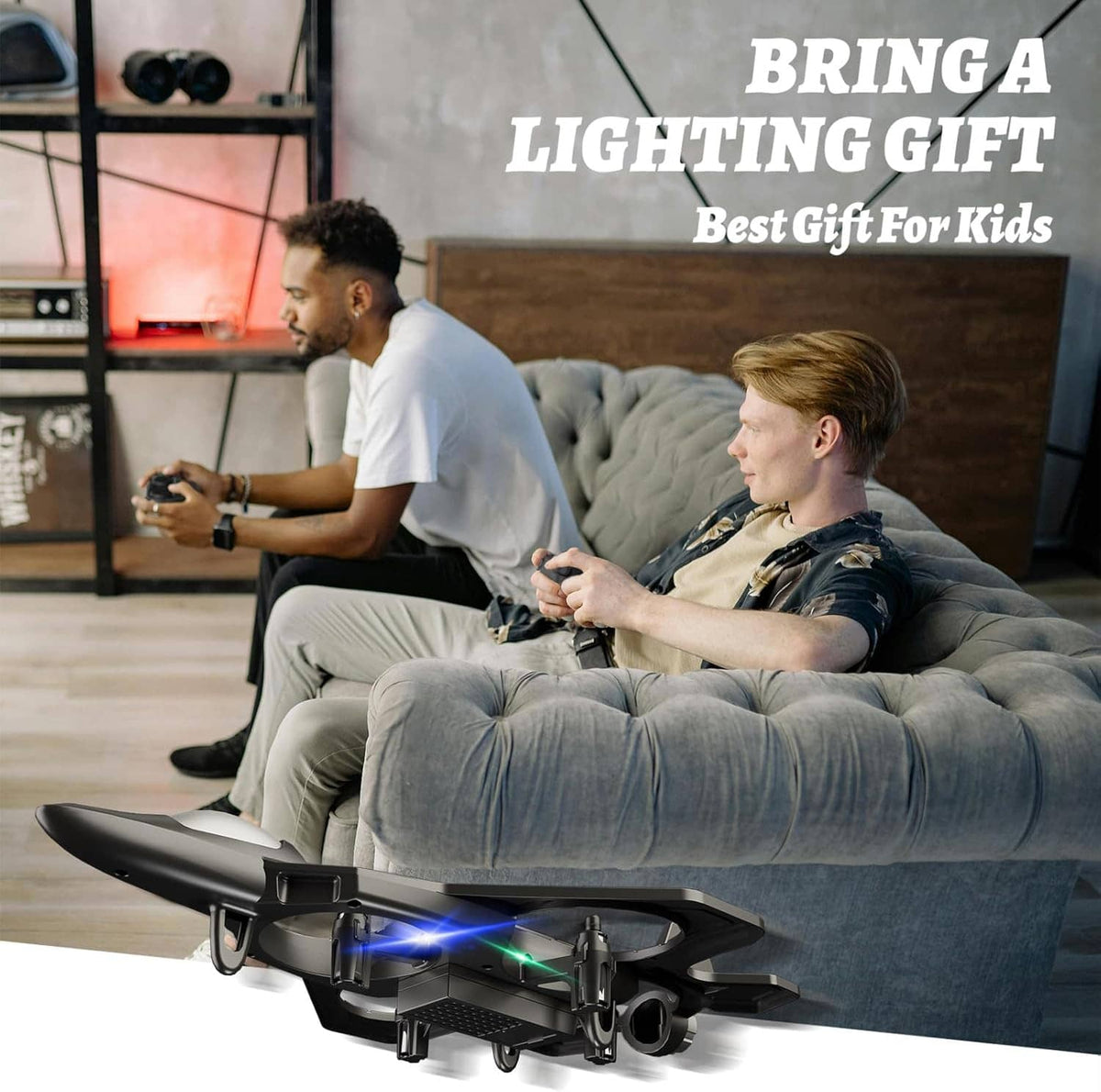 LED RC airplane drone on landing skids with front propellers and glowing light rings