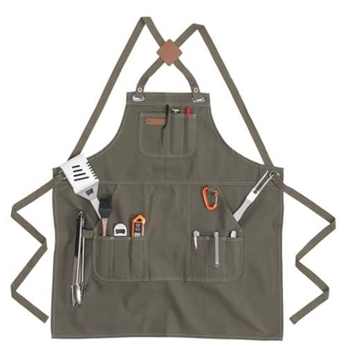Olive grill apron flat lay with wide neck straps and multiple organizer pockets