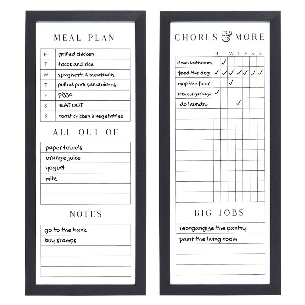 Pair of black framed dry-erase planner boards: meal plan and chores & more charts