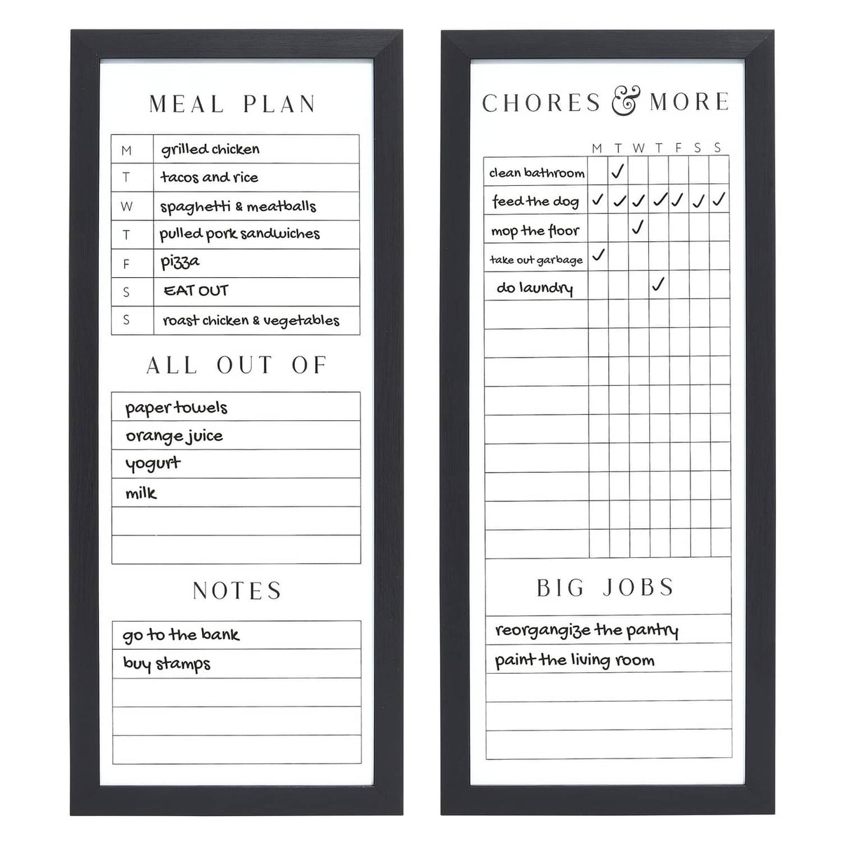 Pair of black framed dry-erase planner boards: meal plan and chores & more charts