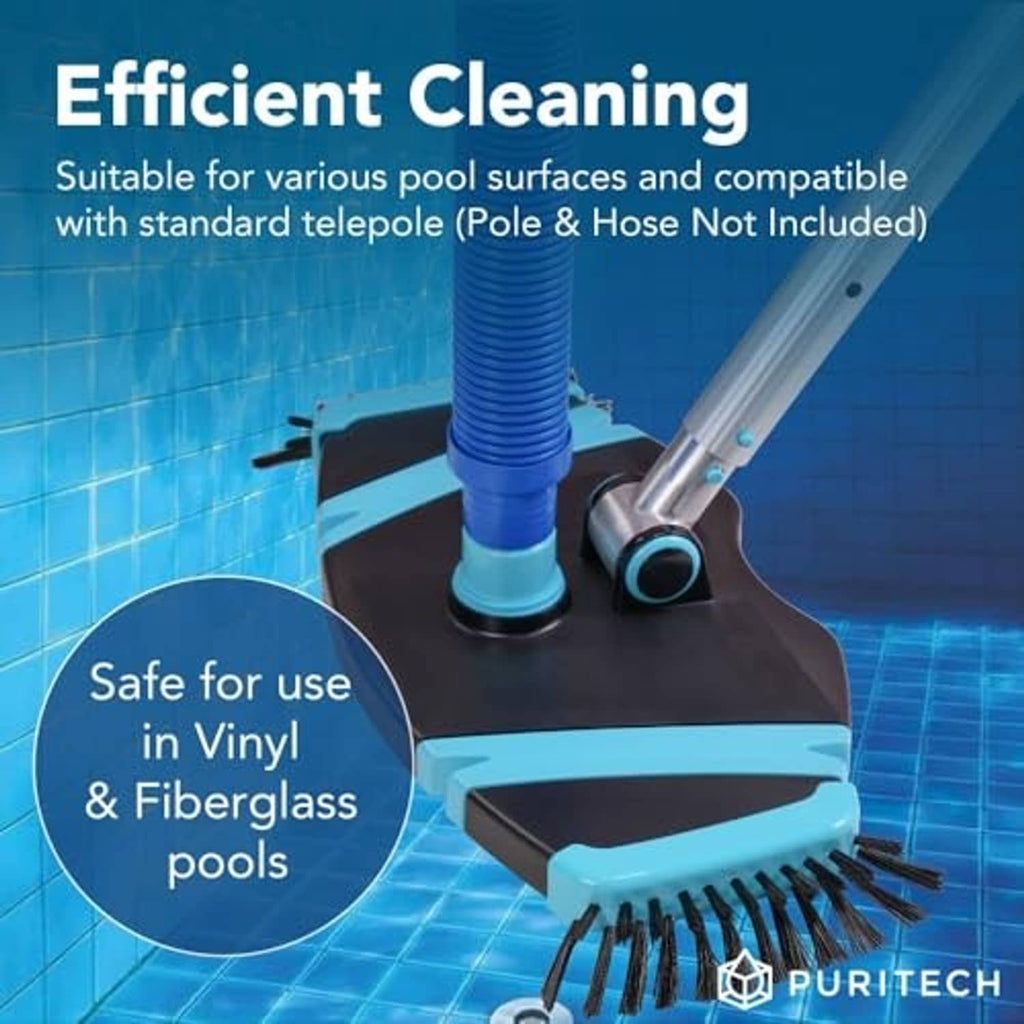 Rectangular pool vacuum head with telescopic pole connector and side bristles, black-and-blue
