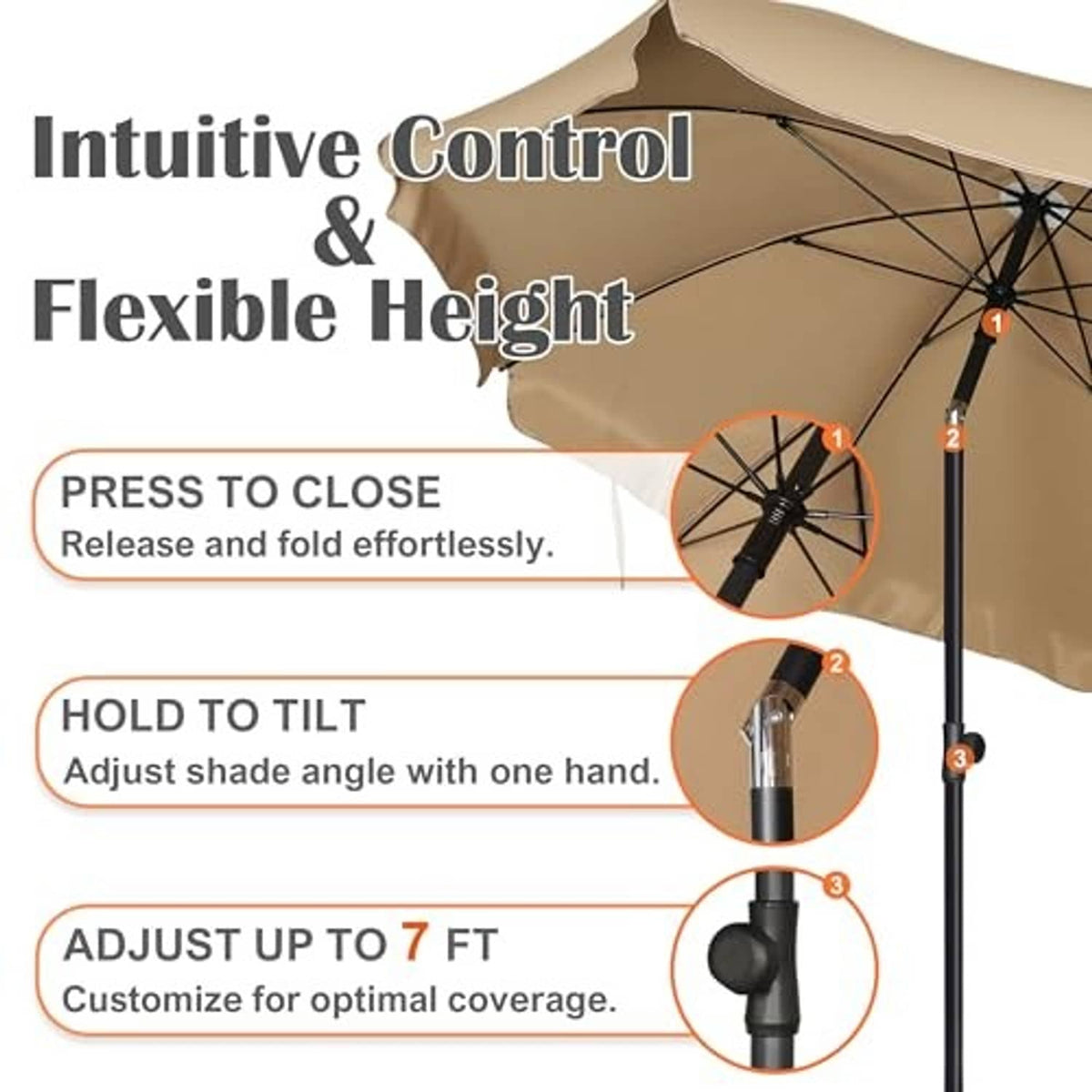 Tan patio umbrella with tilt and height control illustration on black pole
