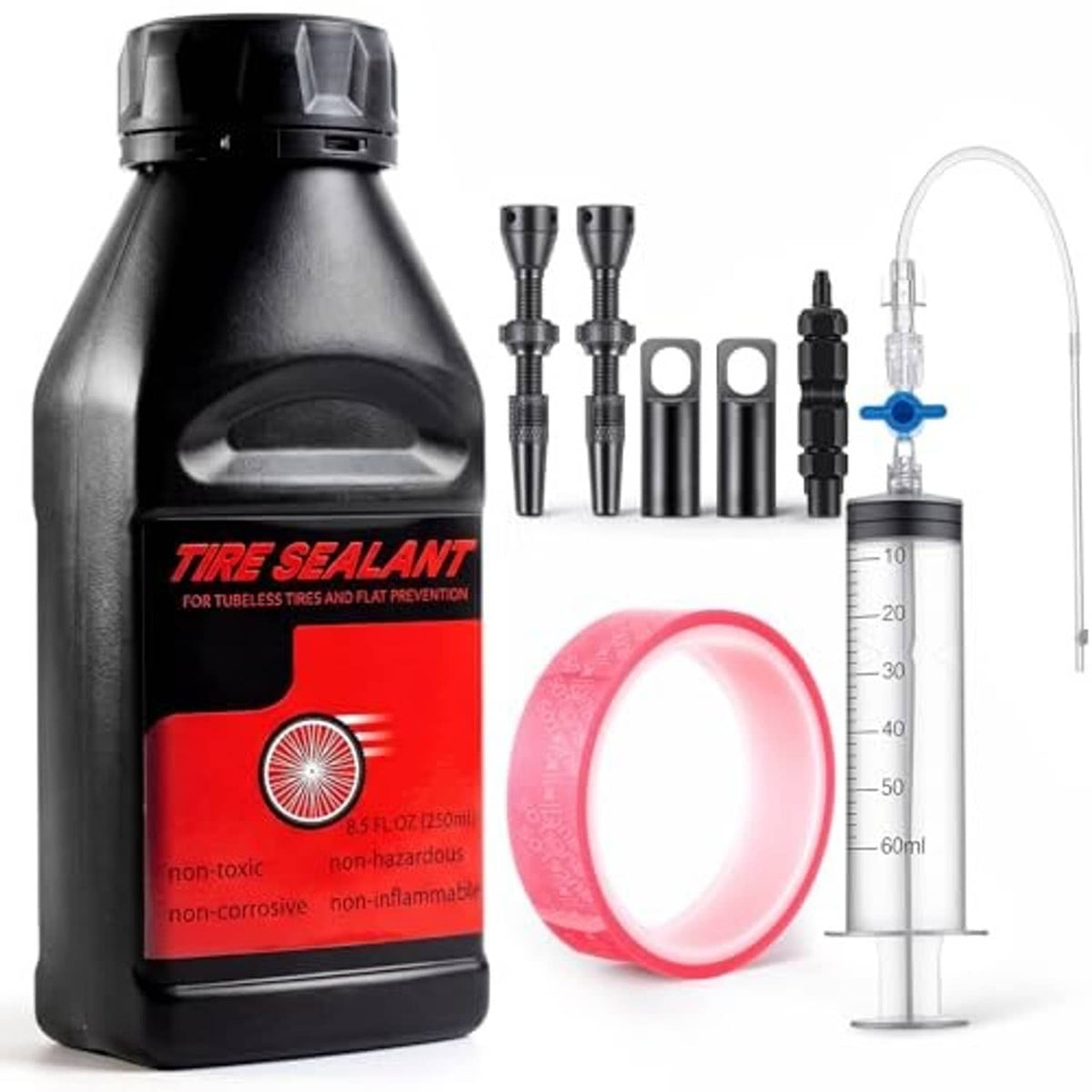 Tubeless tire sealant kit with black bottle, syringe, rim tape, valve stems and caps