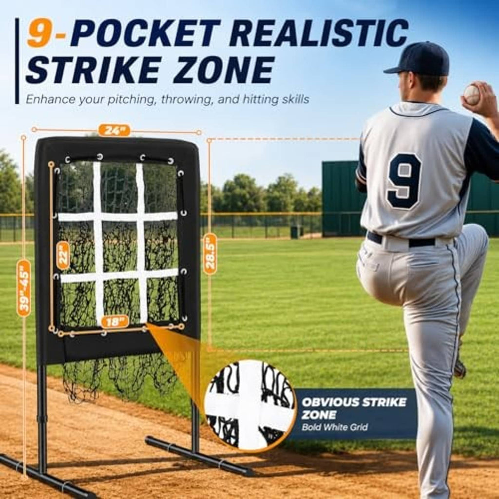 Black strike-zone pitching net with multiple square openings and adjustable frame