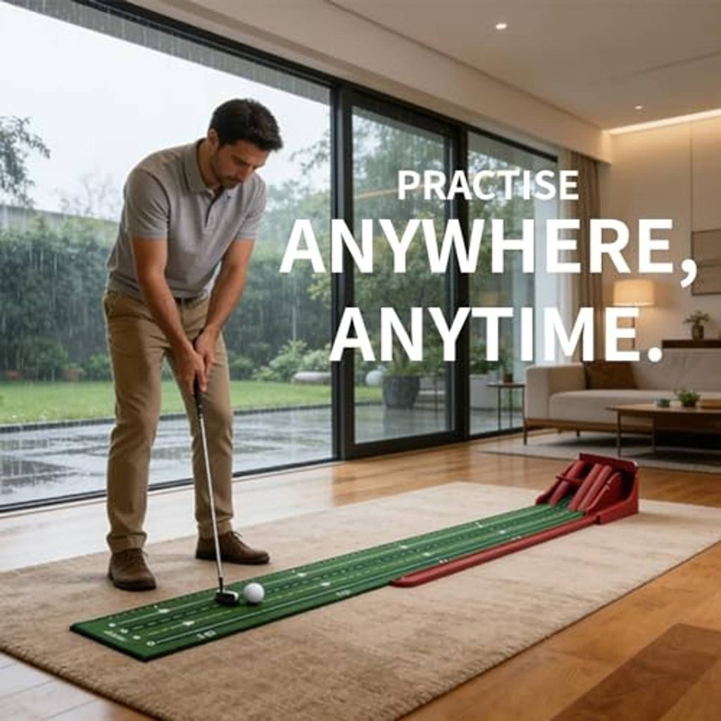 Green golf putting mat on floor with golfer holding a putter