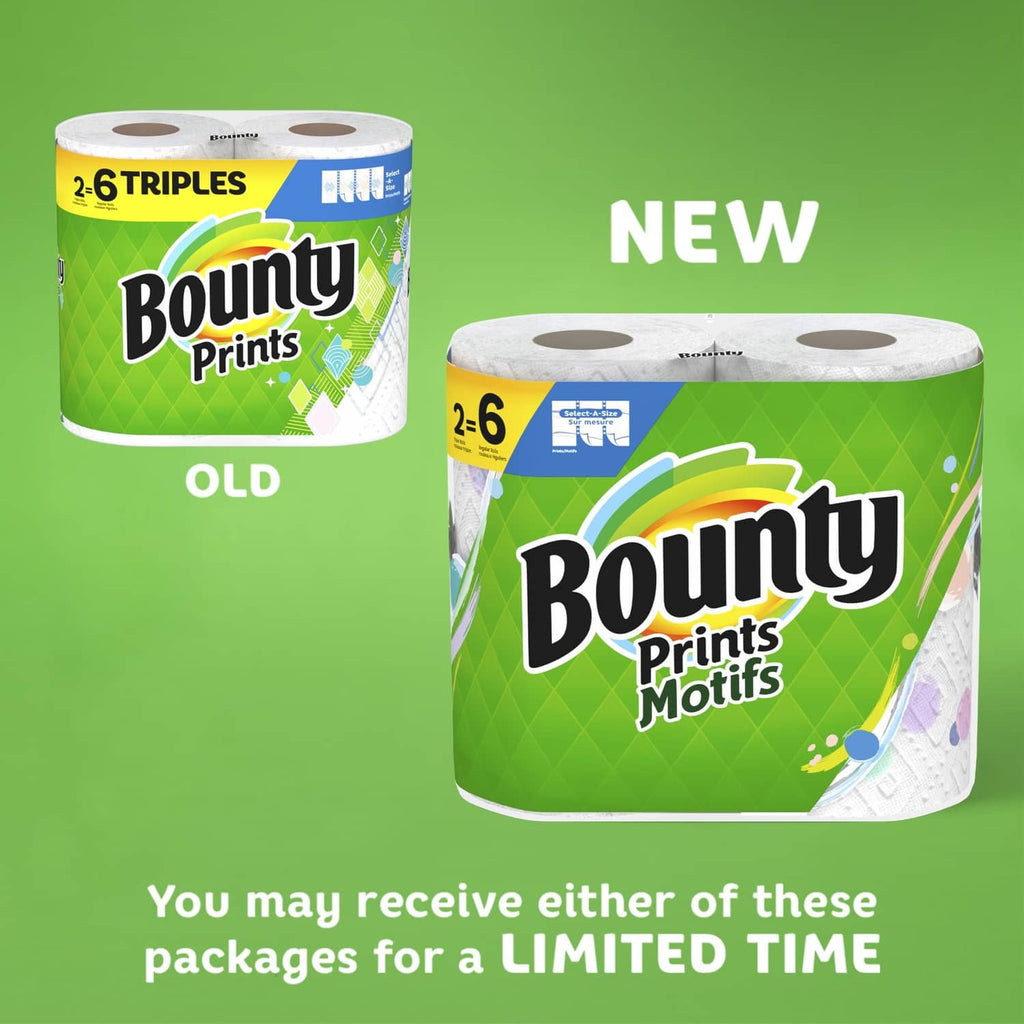 Paper towel triple-roll package with green prints design and roll core openings