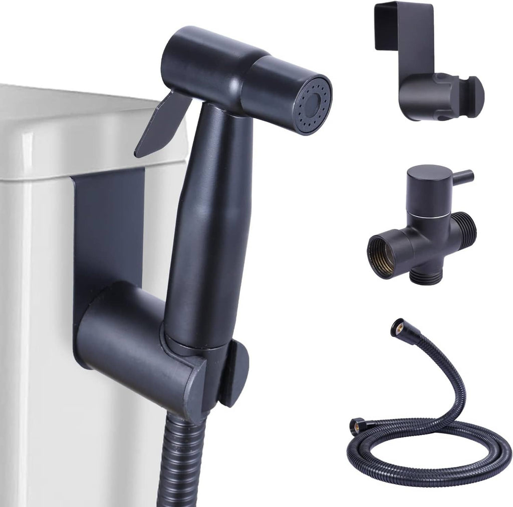 Handheld black bidet sprayer with nozzle, hose, and wall mount
