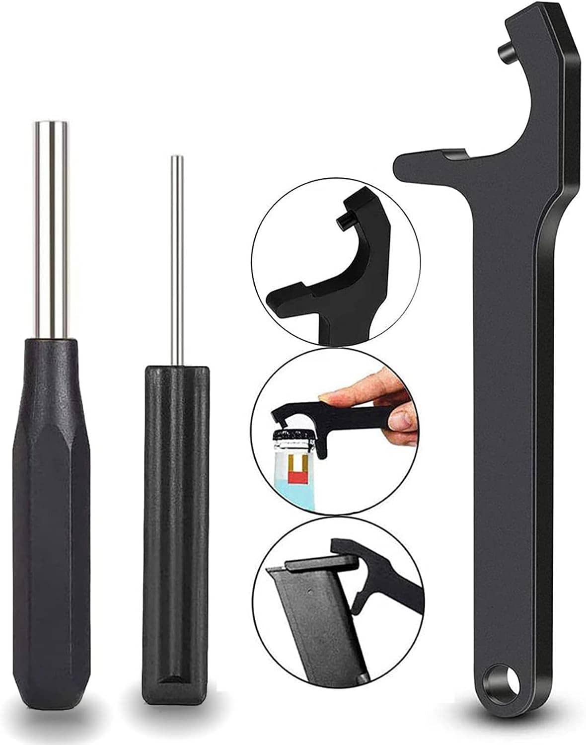 Black pin punch tool with two metal punch rods and frame handle for disassembly