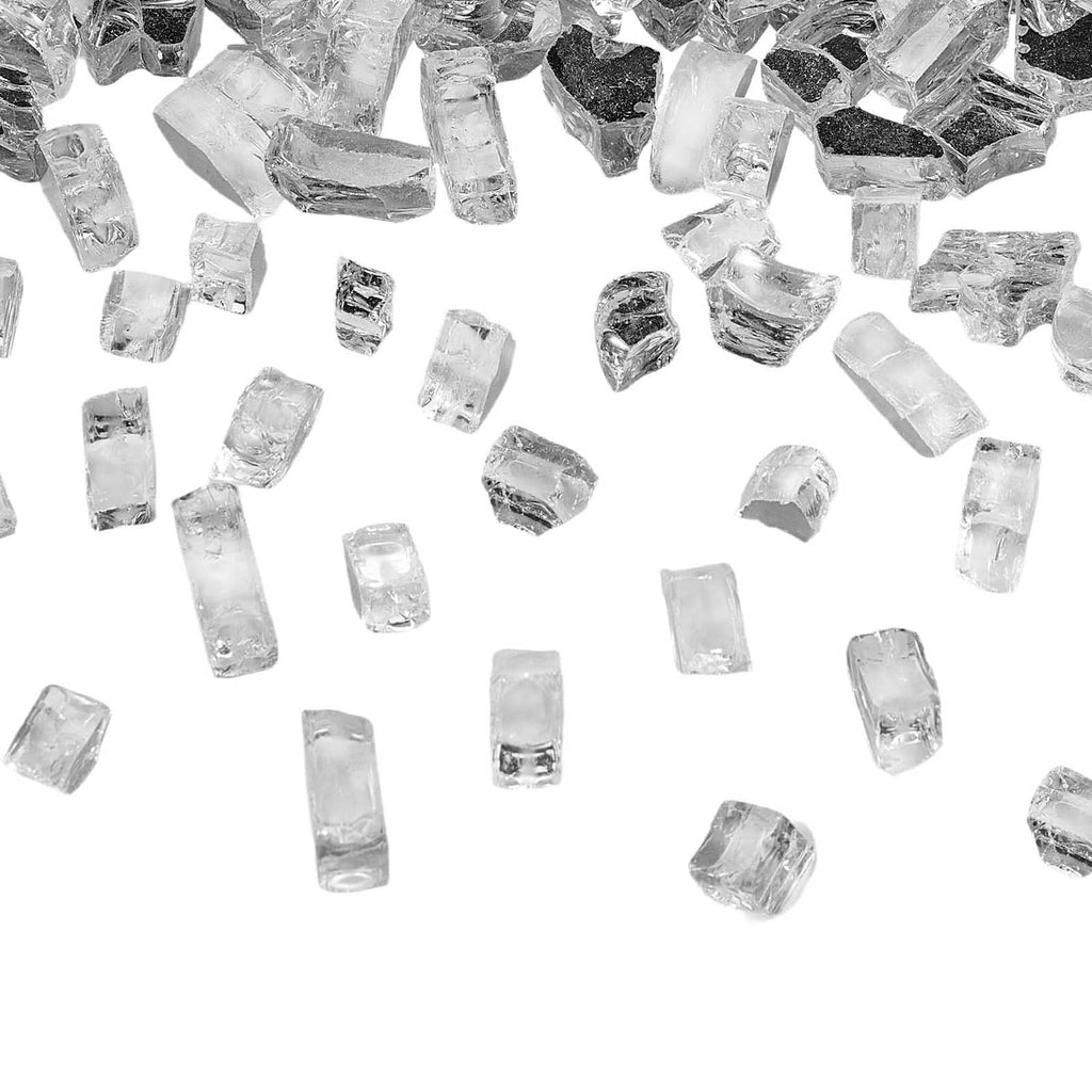 Clear fire pit glass pieces, small 1/2-inch blocks, scattered for fire decor