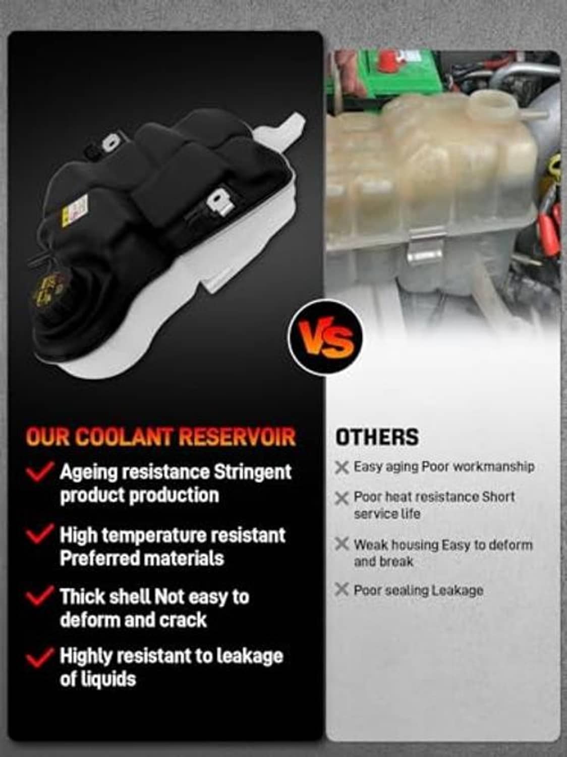 Coolant reservoir tank with cap, black housing with white reservoir section in engine bay