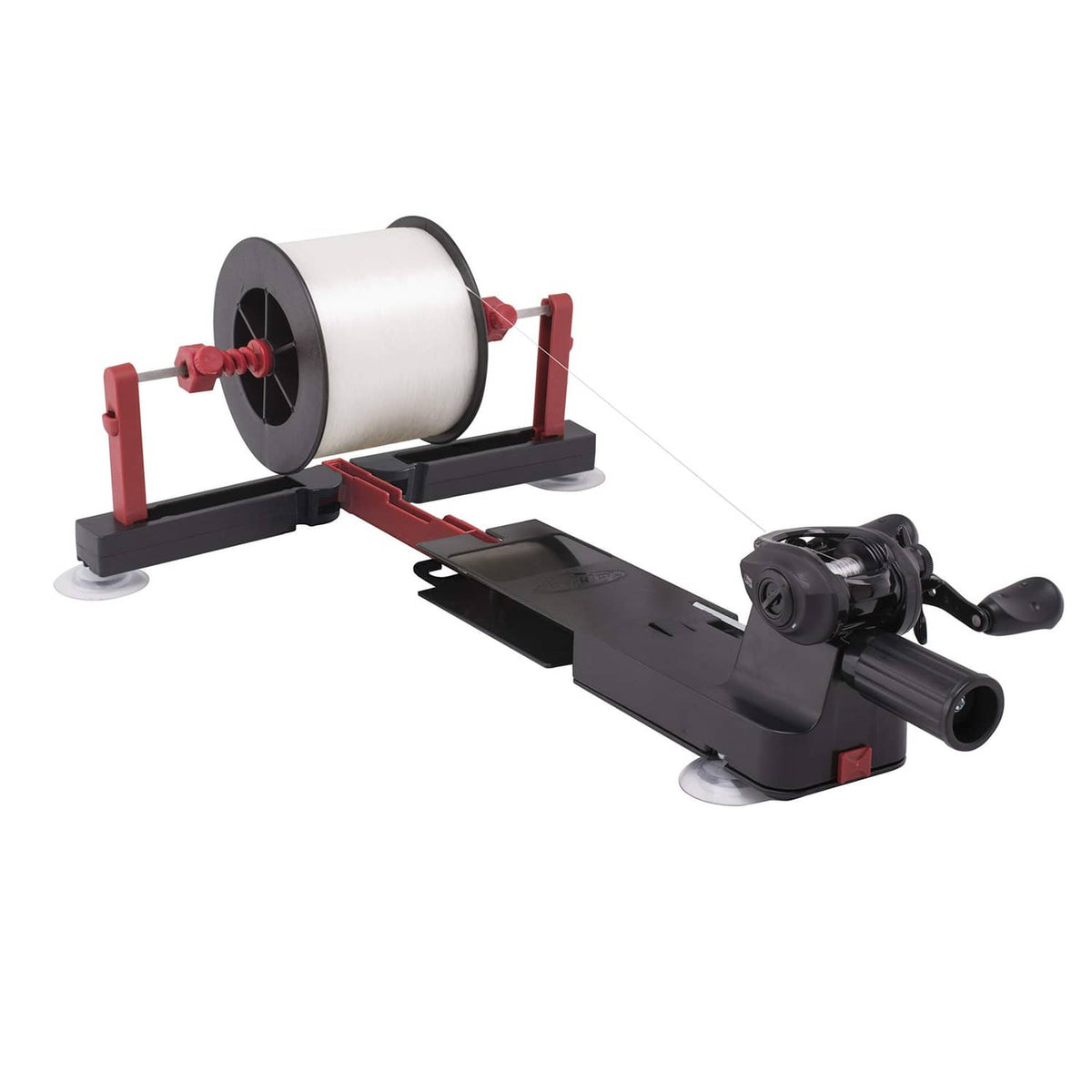Fishing line spooler holding a white line spool on a red and black base